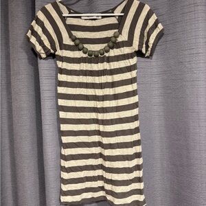 Zara Beige and Brown Striped Dress with Beaded Detail